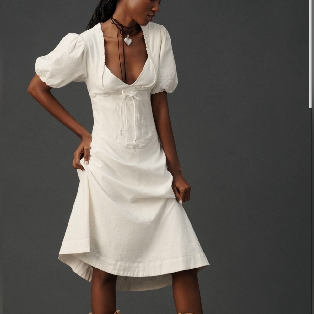 Maeve Anthropologie Linen Corset Midi Dress Puff Sleeve Coastal Cowgirl M